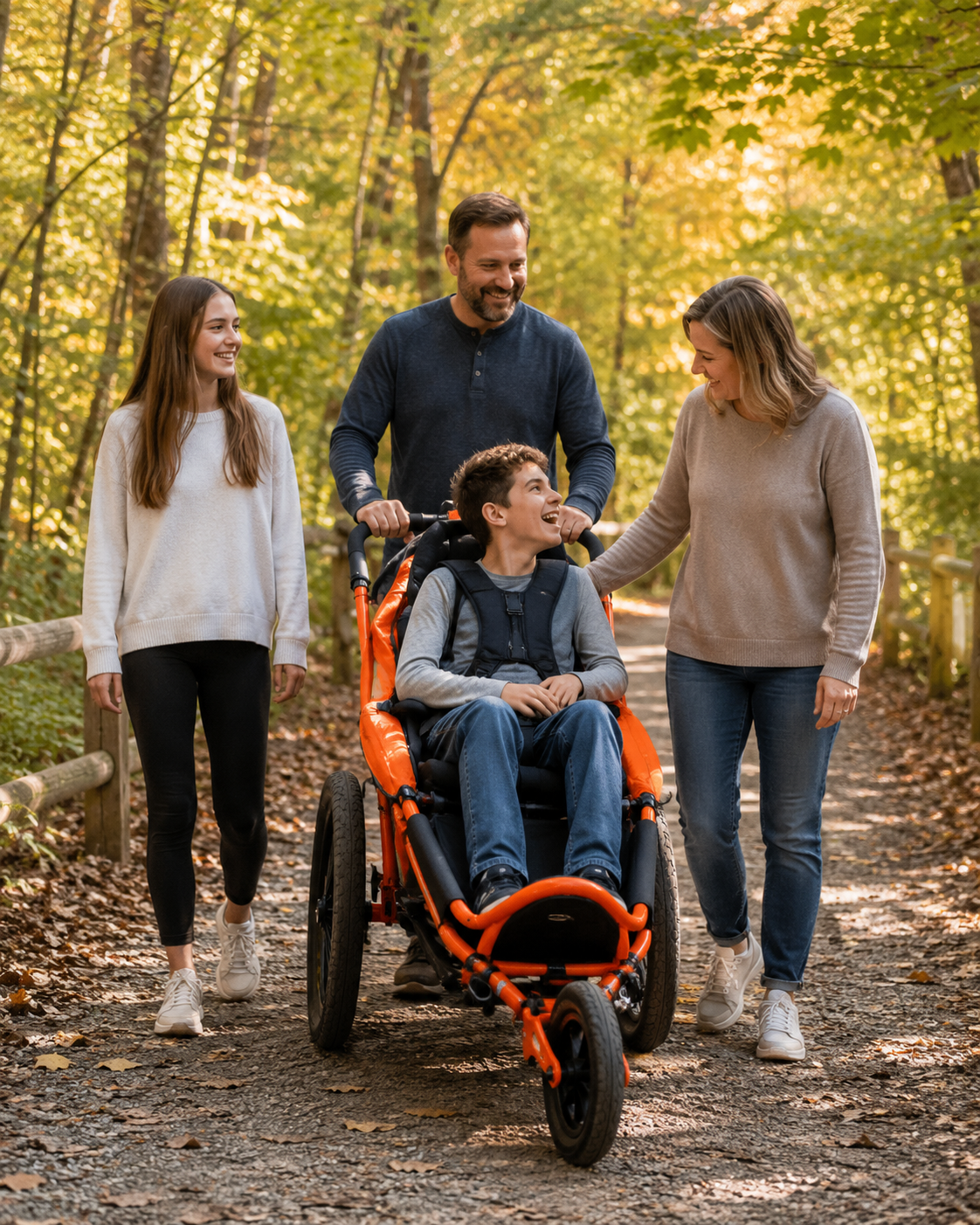 Family enjoying an outdoor walk together with an xROVER adaptive stroller on a park trail.